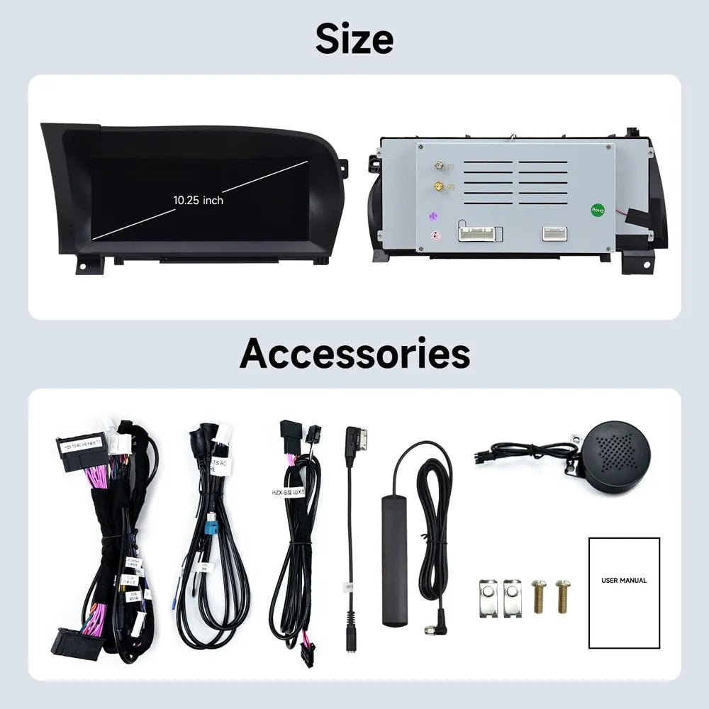 10.25 inch Android 13 car stereo dimensions, back panel ports, wiring harness, cables, and accessories for Mercedes Benz W221