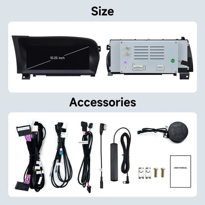 10.25 inch Android 13 car stereo dimensions, back panel ports, wiring harness, cables, and accessories for Mercedes Benz W221