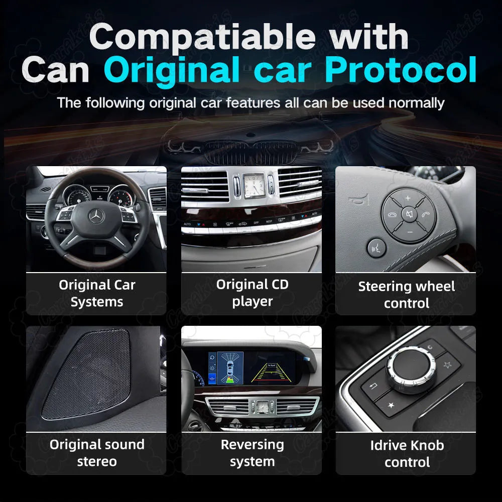 Compatibility grid showing original car system support including steering wheel controls, Idrive knob, CD player, stereo sound, and reversing camera for Mercedes S Class W221