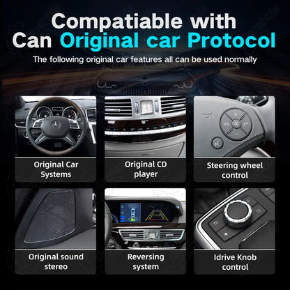 Compatibility grid showing original car system support including steering wheel controls, Idrive knob, CD player, stereo sound, and reversing camera for Mercedes S Class W221