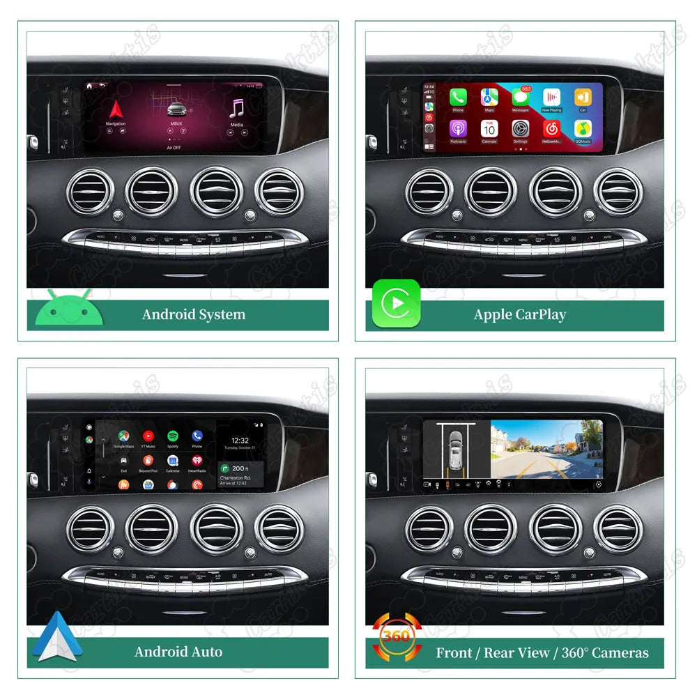 Mercedes-Benz S-Class W222 multimedia screen featuring Android system, Apple CarPlay, Android Auto, and 360-degree camera display.