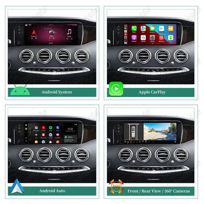 Mercedes-Benz S-Class W222 multimedia screen featuring Android system, Apple CarPlay, Android Auto, and 360-degree camera display.
