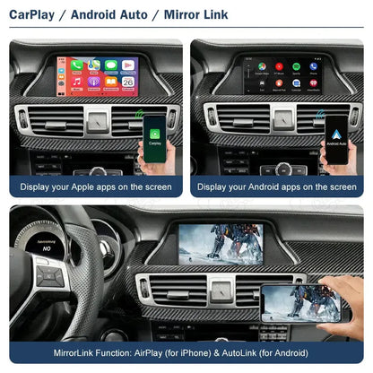 In-dash central display screens showcasing Apple CarPlay apps, Android Auto interface, and smartphone MirrorLink movie casting on a Mercedes Benz B-Class dashboard.