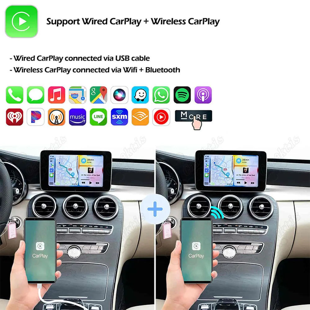 Guide to connecting Apple CarPlay on Mercedes Benz, featuring wired connection via USB cable and wireless connection via Wi-Fi and Bluetooth.