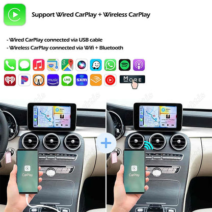 Guide to connecting Apple CarPlay on Mercedes Benz, featuring wired connection via USB cable and wireless connection via Wi-Fi and Bluetooth.