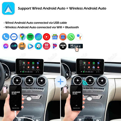 Guide to connecting wired and wireless Android Auto on Mercedes Benz center console using a smartphone with USB cable or Wi-Fi.