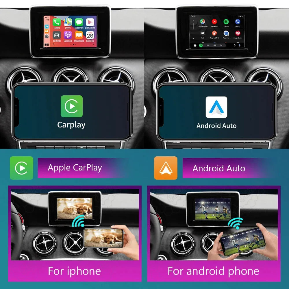 Demonstration of Apple CarPlay and Android Auto wireless phone mirroring feature on a Mercedes screen, displaying video streaming from iPhone and Android devices.