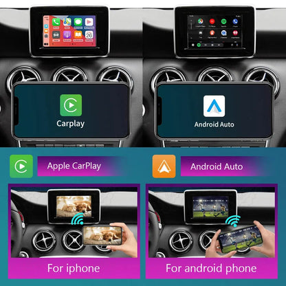 Demonstration of Apple CarPlay and Android Auto wireless phone mirroring feature on a Mercedes screen, displaying video streaming from iPhone and Android devices.