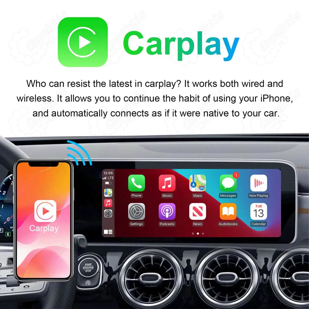 Smart wireless and wired CarPlay automatic connection with iPhone native interface on Mercedes dashboard display.