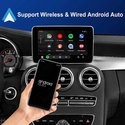 Smartphone interface illustrating wireless and wired Android Auto compatibility on the vehicle&