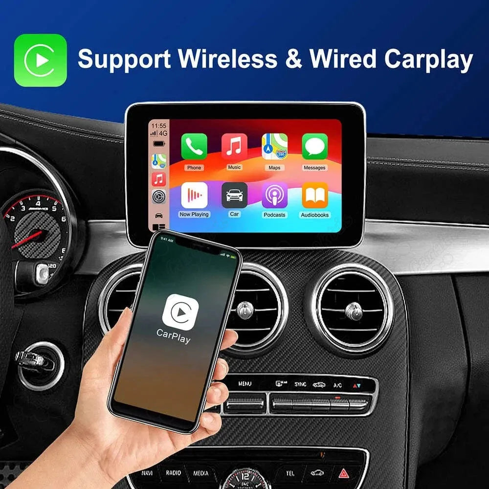 Smartphone connecting to the Mercedes car display supporting both wireless and wired Apple CarPlay connections.