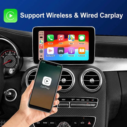 Smartphone connecting to the Mercedes car display supporting both wireless and wired Apple CarPlay connections.