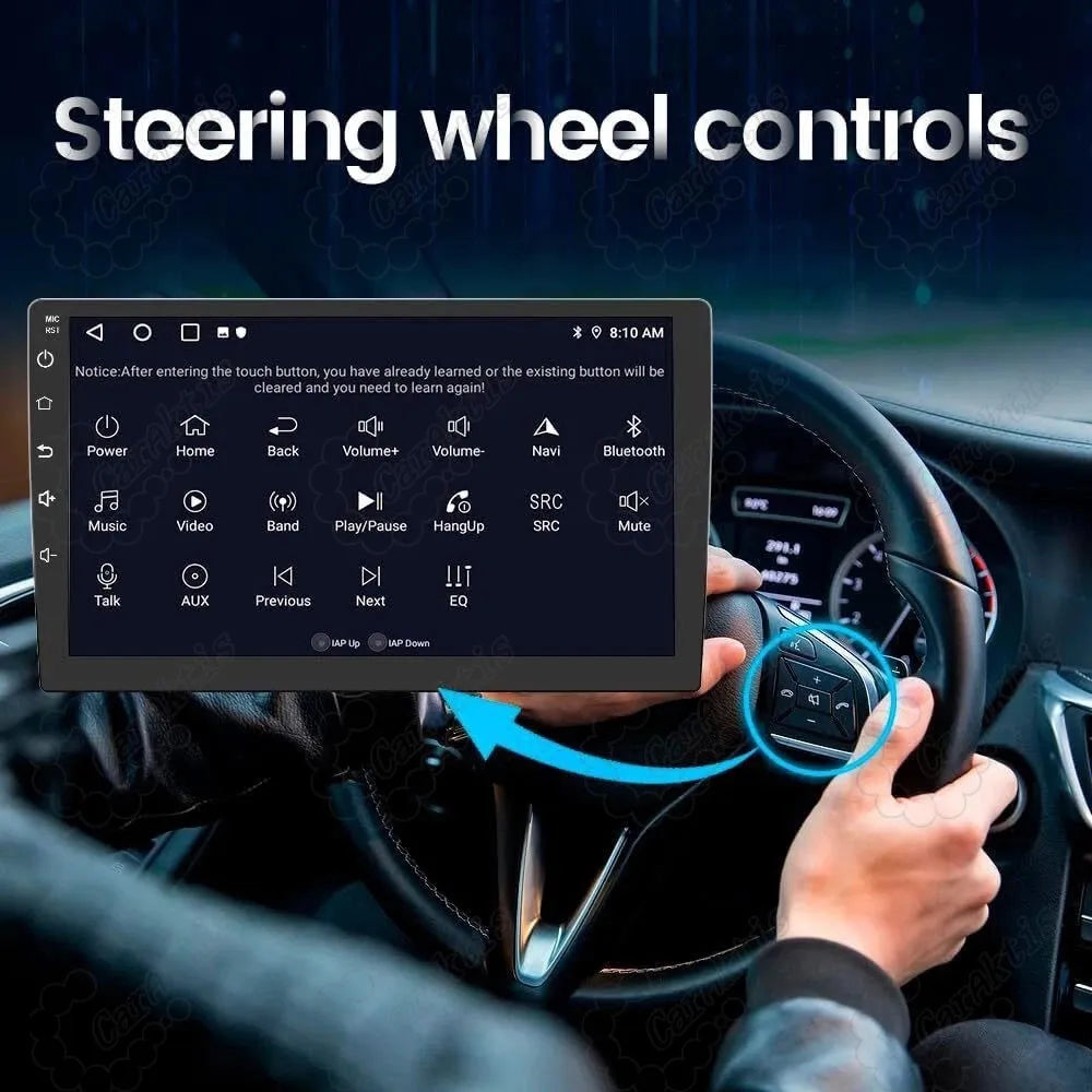 Feature overview including Radio, Bluetooth, Mirror Link, Google Play Store, Google Maps, Spotify, and YouTube on Mini Cooper Android head unit.