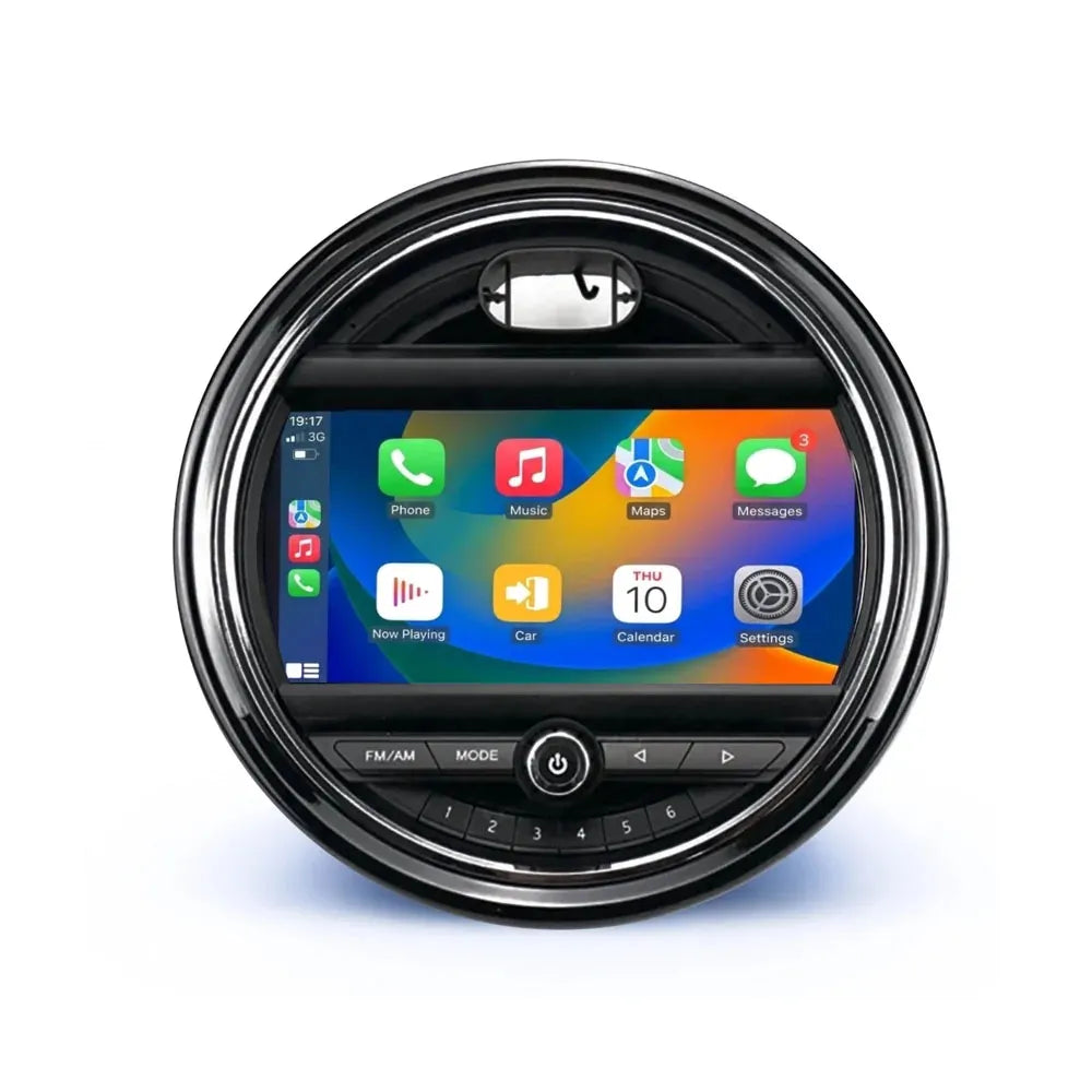 Main Apple CarPlay user interface screen installed in round Mini Cooper dashboard console