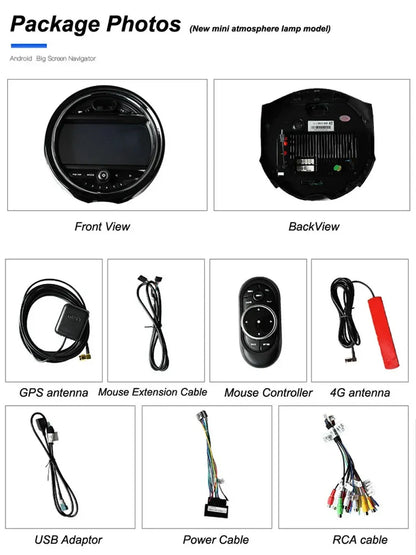 Dashboard comparison before and after installing the upgraded Android multimedia touchscreen player in BMW Mini Cooper.