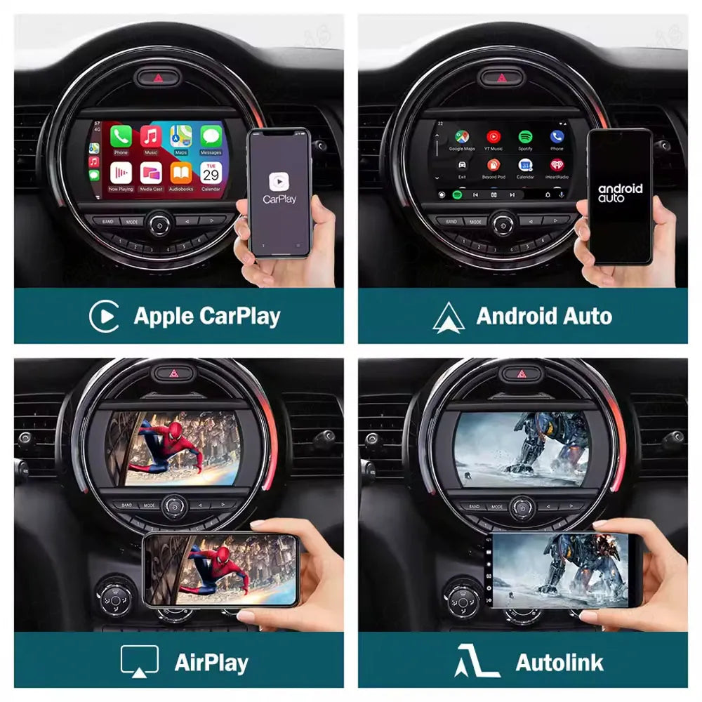 Infotainment screen split showing 4 connectivity modes for MINI Cooper: Apple CarPlay, Android Auto, AirPlay, and Autolink mirror mapping.
