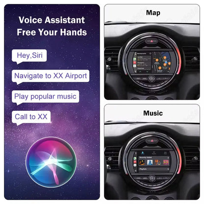 Hands-free Siri voice assistant interface displaying map navigation, music playback, and calling functions on a MINI Cooper screen.