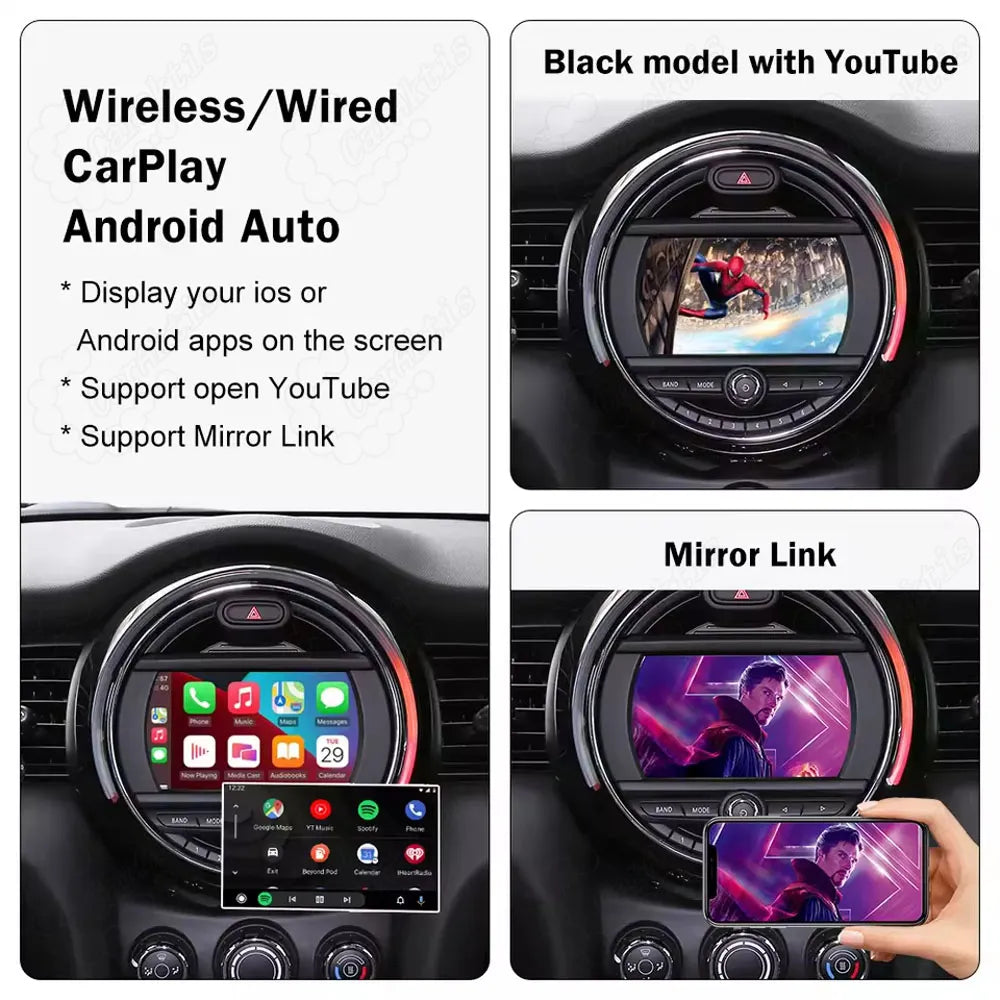 Wireless CarPlay module for MINI Cooper showcasing YouTube video streaming and mobile phone screen mirroring via Mirror Link.