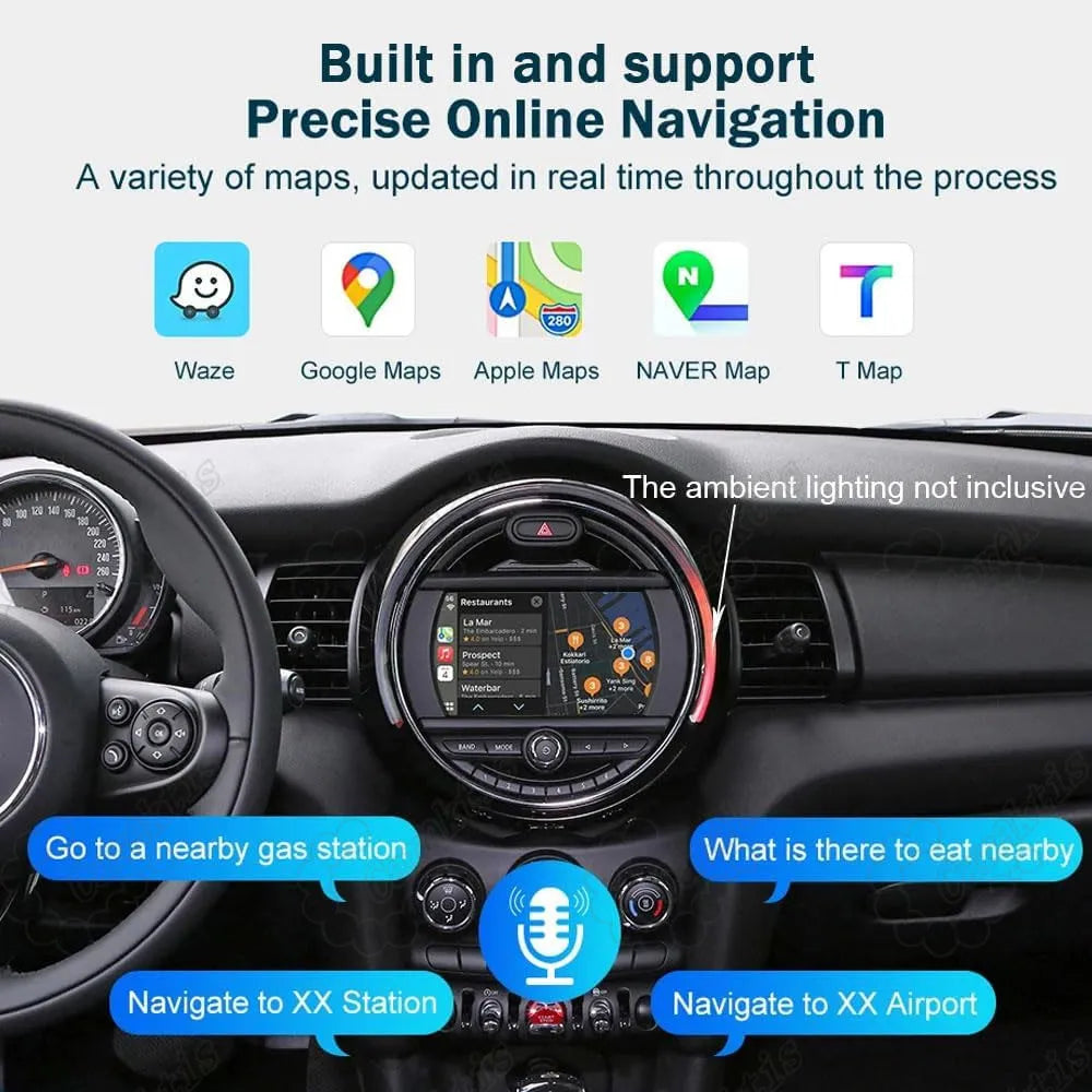Online navigation apps including Google Maps, Waze, and Apple Maps with voice control support on Mini Cooper dashboard