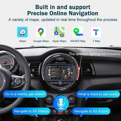 Online navigation apps including Google Maps, Waze, and Apple Maps with voice control support on Mini Cooper dashboard