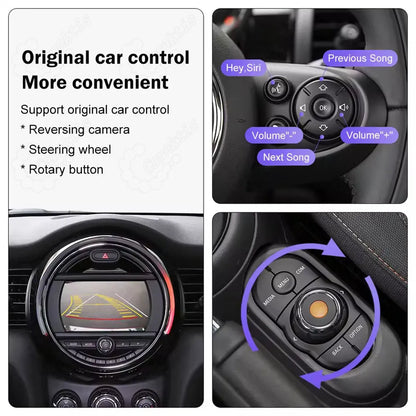 Demonstration of original MINI Cooper controls support, including reversing camera view, steering wheel buttons for Siri and volume, and the rotary knob.