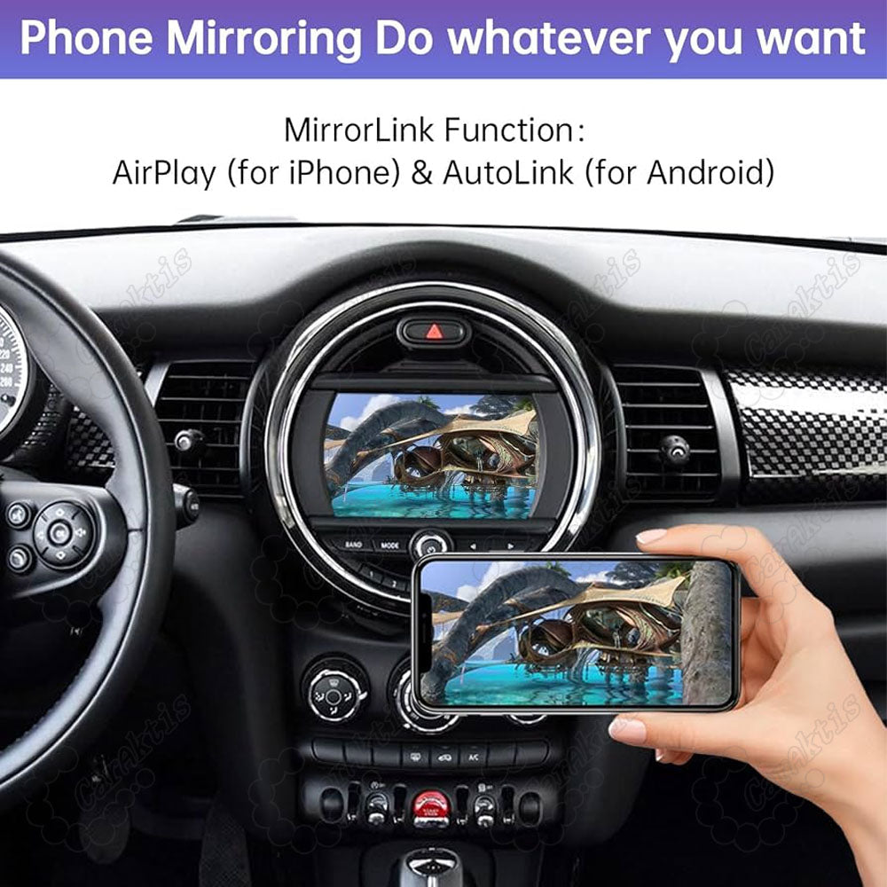 Phone screen mirroring with MirrorLink supporting AirPlay for iPhone and AutoLink for Android on Mini Cooper dashboard screen