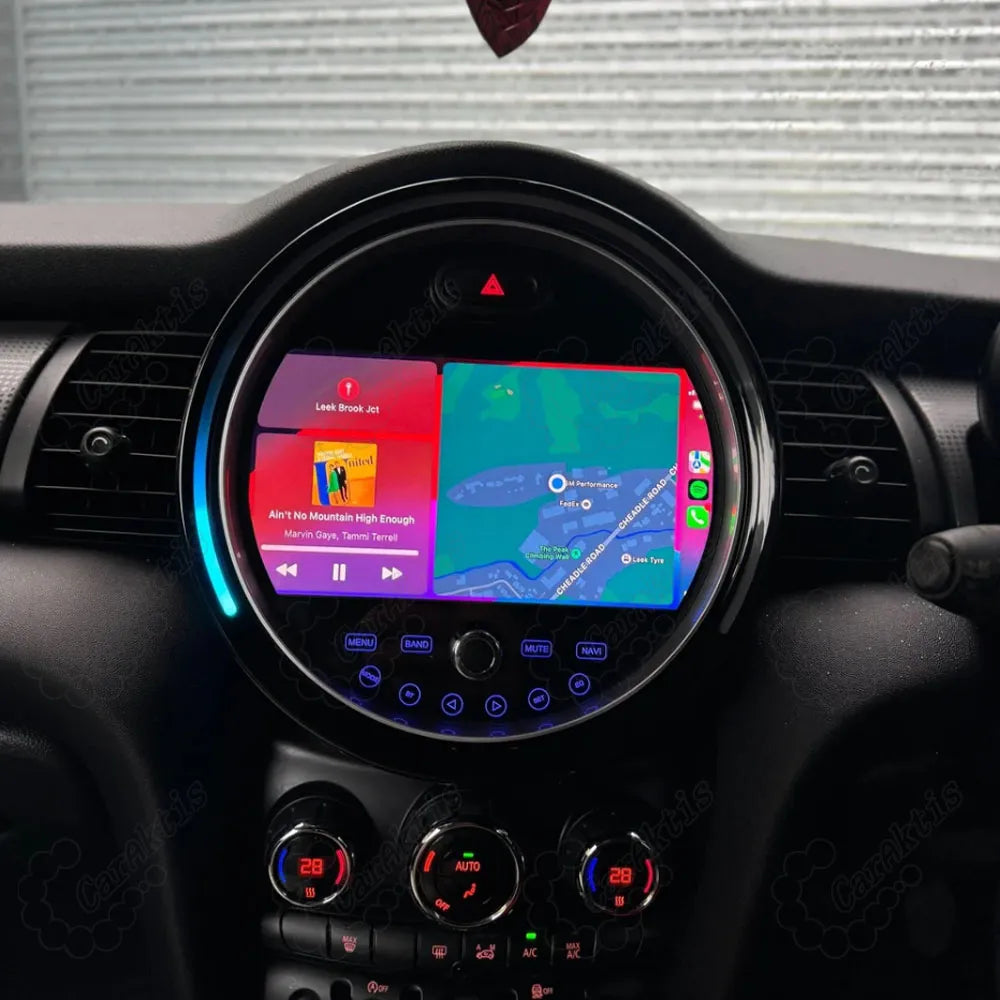 BMW Mini Cooper Android radio unit showing split screen with GPS navigation and music player.