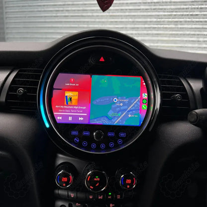 BMW Mini Cooper Android radio unit showing split screen with GPS navigation and music player.
