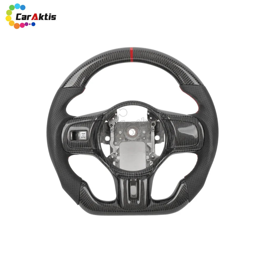 Mitsubishi Lancer Evo X custom carbon fiber steering wheel with black perforated leather grips and red center stripe.
