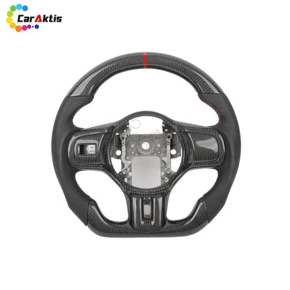 Mitsubishi Lancer Evo X custom carbon fiber steering wheel with black perforated leather grips and red center stripe.