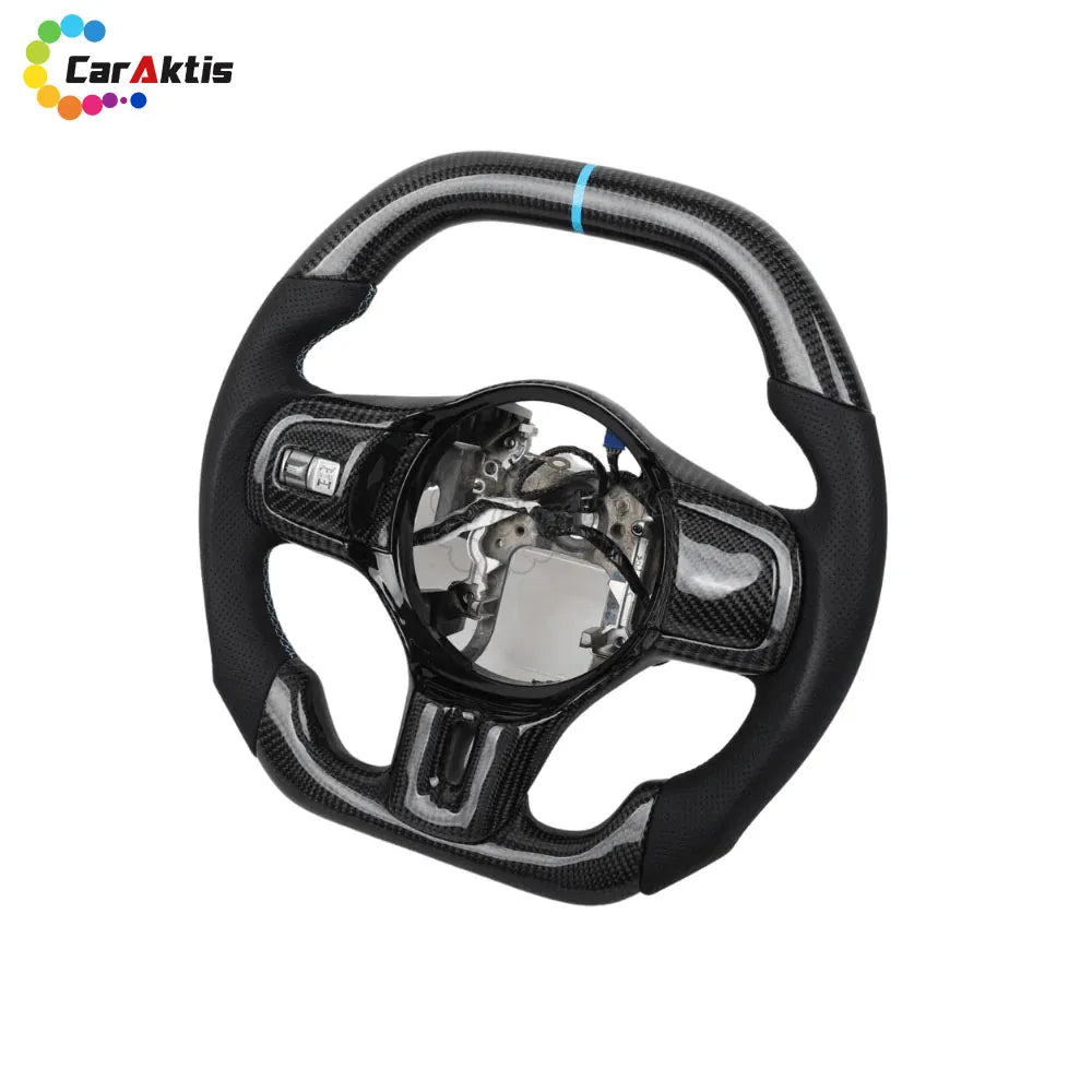 Carbon fiber steering wheel for Mitsubishi Lancer Evo X with blue center racing stripe and perforated leather.