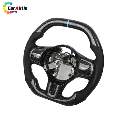 Carbon fiber steering wheel for Mitsubishi Lancer Evo X with blue center racing stripe and perforated leather.