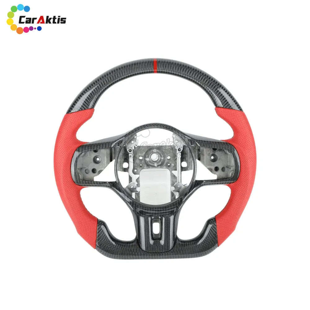 Mitsubishi Lancer Evo X custom steering wheel with racing red perforated leather grips and carbon fiber trim.