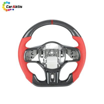 Mitsubishi Lancer Evo X custom steering wheel with racing red perforated leather grips and carbon fiber trim.