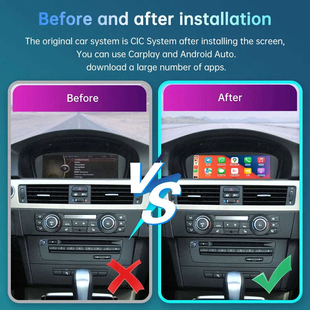 Before and after installation comparison of BMW CIC system screen upgrade, showing the original old factory dashboard display vs the new smart screen with Apple CarPlay app support.