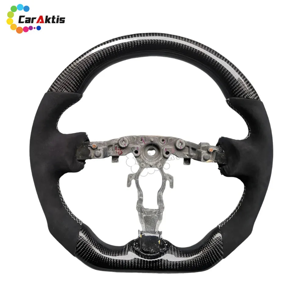 Nissan 370Z flat-bottom steering wheel with Glossy carbon fiber accents and premium black Alcantara grips.