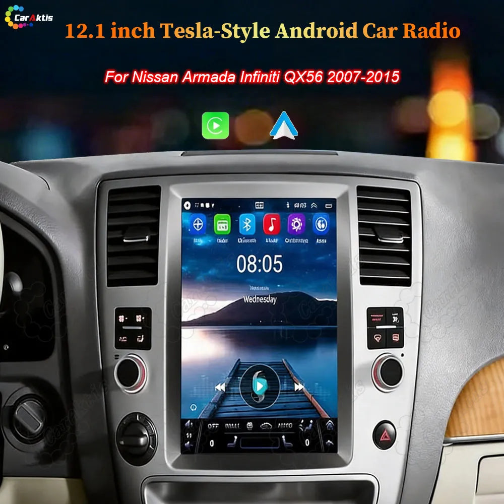 12.1-inch Tesla-style Android car radio installed in Nissan Armada Infiniti QX56 2007-2015 dashboard with Apple CarPlay and Android Auto.