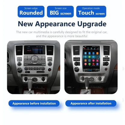 Before and after installation comparison of 12.1-inch big touch screen car multimedia player for Nissan Armada and Infiniti QX56.