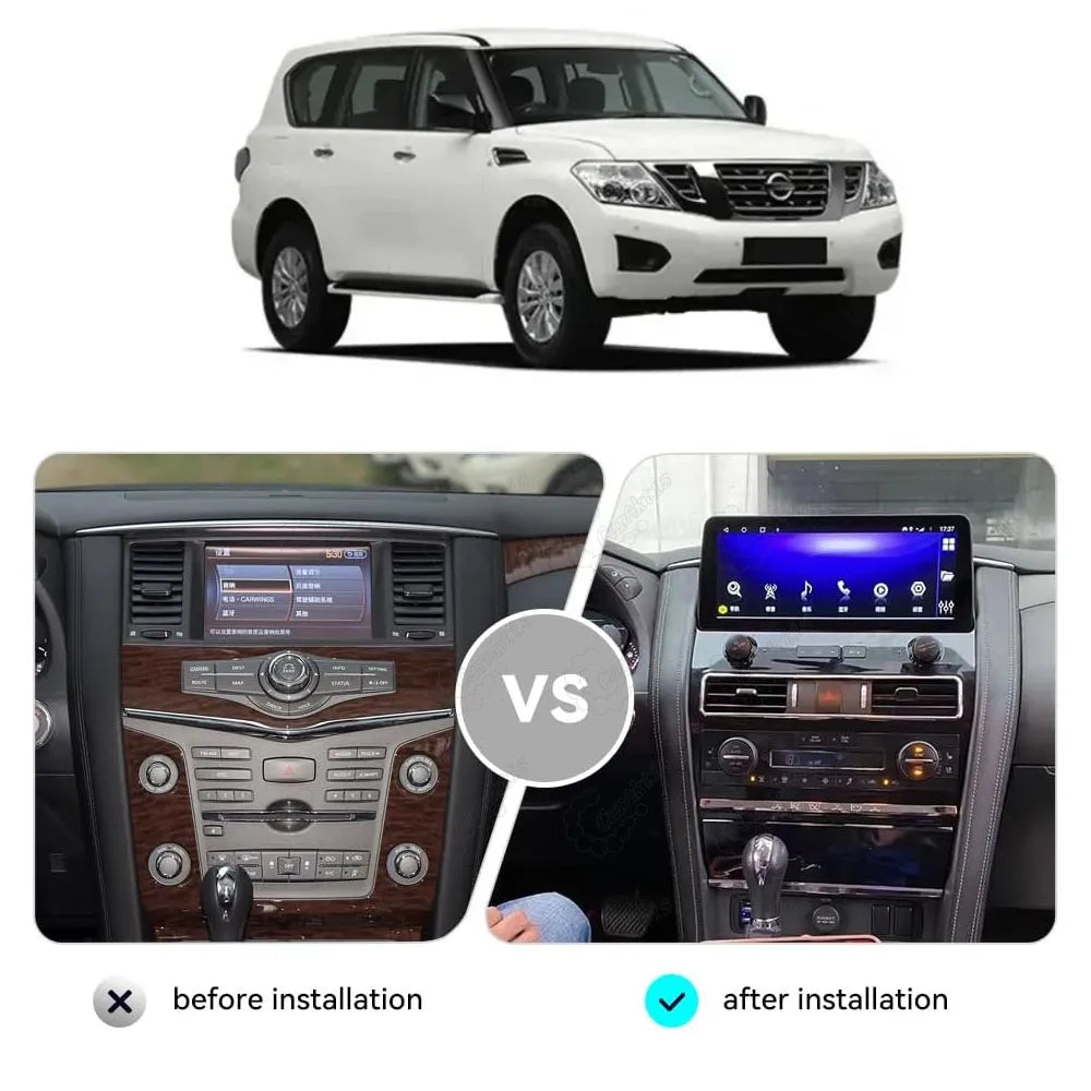 Before and after installation comparison of 12.3-inch Android screen in Nissan Patrol Y62 dashboard