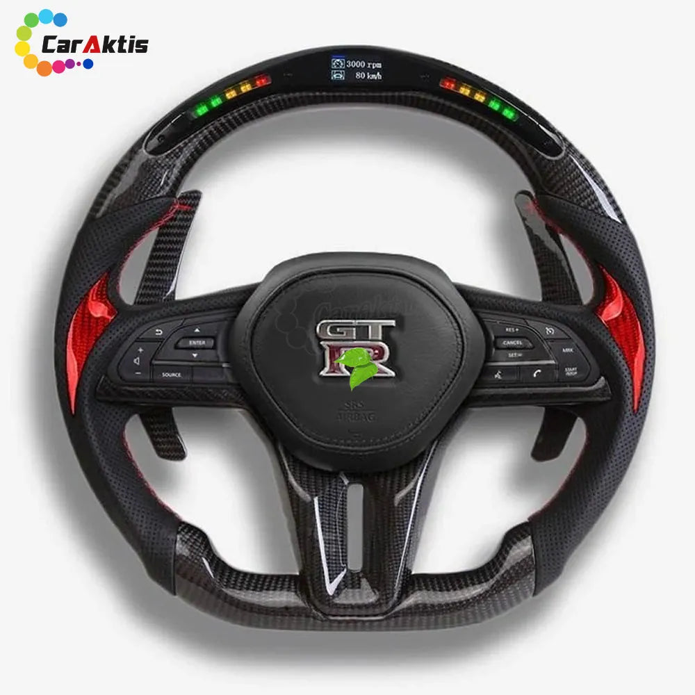 Performance steering wheel for Nissan GTR R35 featuring LED display, red carbon accents, and ergonomic leather grips.