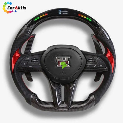 Performance steering wheel for Nissan GTR R35 featuring LED display, red carbon accents, and ergonomic leather grips.