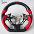 Sporty Nissan GT-R R35 carbon fiber steering wheel featuring vibrant red perforated leather and a red center stripe.