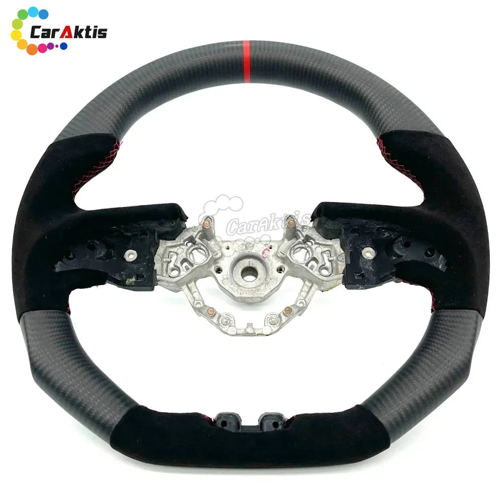 Flat bottom steering wheel for Nissan GTR R35 in matte carbon fiber and black Alcantara with red center line.