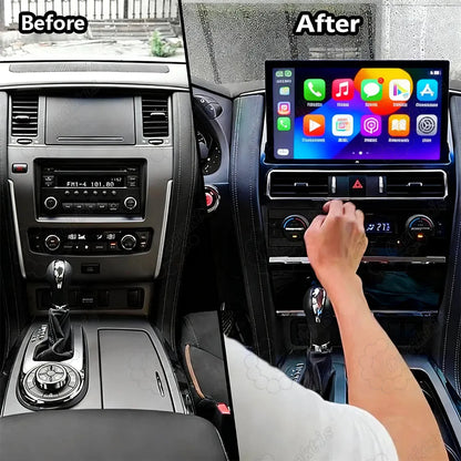Before and after installation comparison of 13.3 inch touch screen upgrade for Nissan Patrol Armada Y62