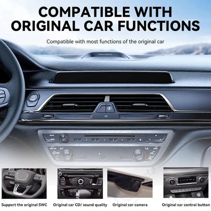 Compatibility showcase for original steering wheel controls, factory camera, CD player, and dashboard buttons