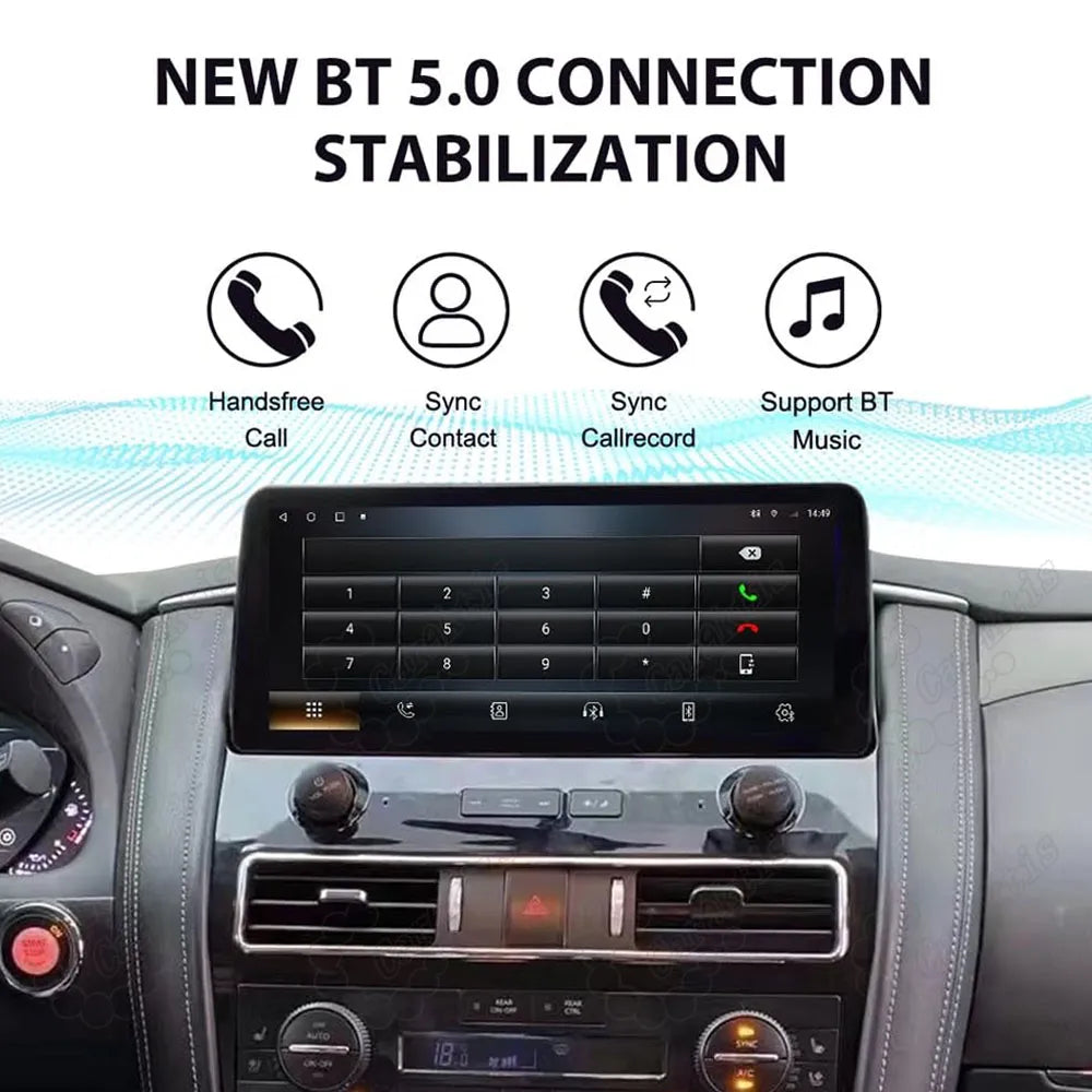 Bluetooth 5.0 connection interface on 12.3-inch head unit showing handsfree dialing and contacts sync