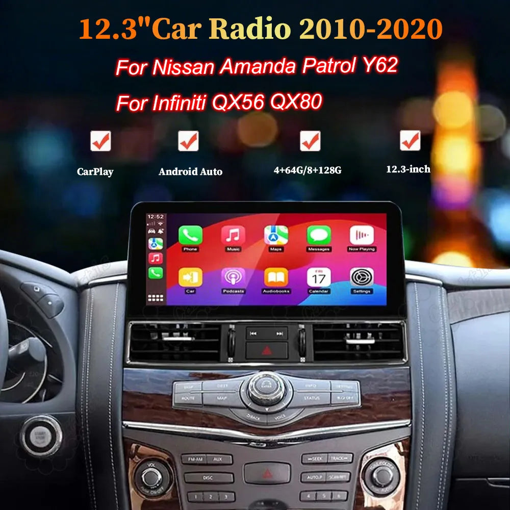 12.3-inch Android car radio display installed in Nissan Patrol Y62 and Infiniti QX80 dashboard