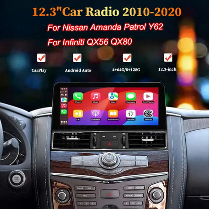 12.3-inch Android car radio display installed in Nissan Patrol Y62 and Infiniti QX80 dashboard