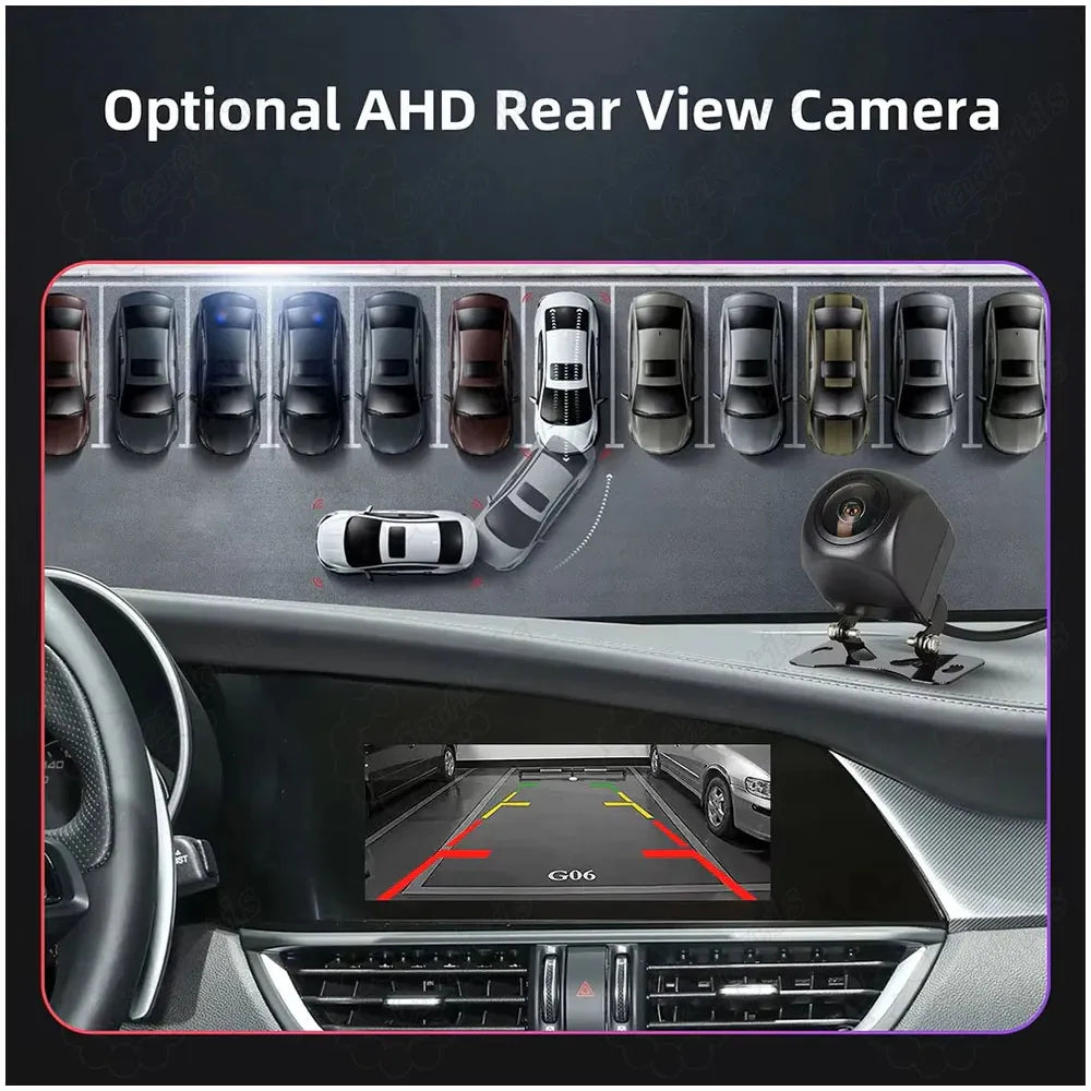 Optional AHD rear view backup camera display on the car dashboard screen with parking assist guidelines and overhead parking illustration.