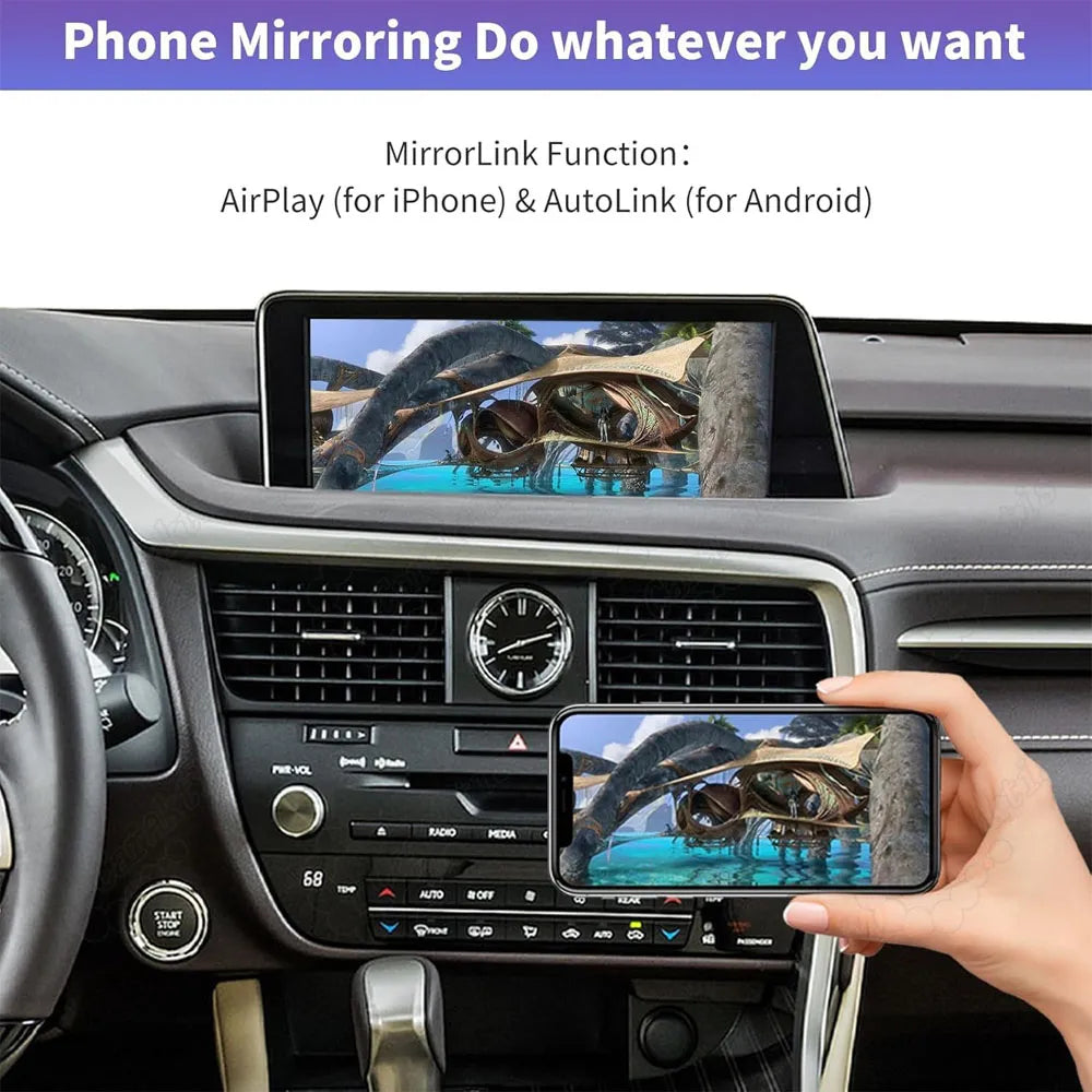 Phone mirroring function illustration using AirPlay for iPhone and AutoLink for Android to cast video onto the Lexus factory dashboard screen.